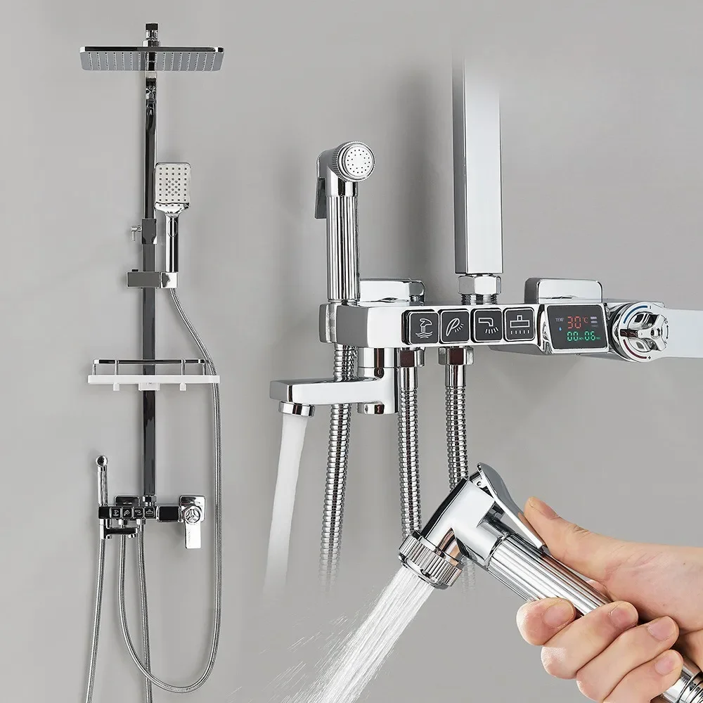 

Digital Display Thermostatic Shower Faucet Chrome Bathroom Set Rainfall Bath Bathtub Bidet