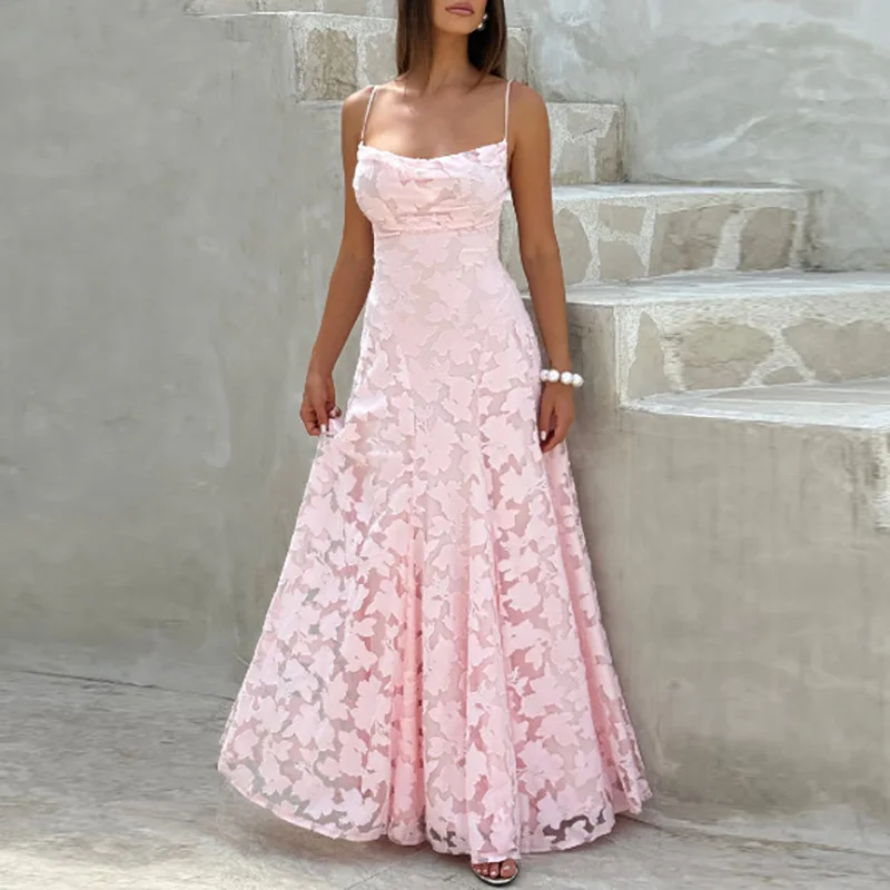 New Sexy Sleeveless Backless Boho Dress Elegant Jacquard Crochet Lace Prom Dresses Summer Solid Slash Neck Embroidery Long Dress