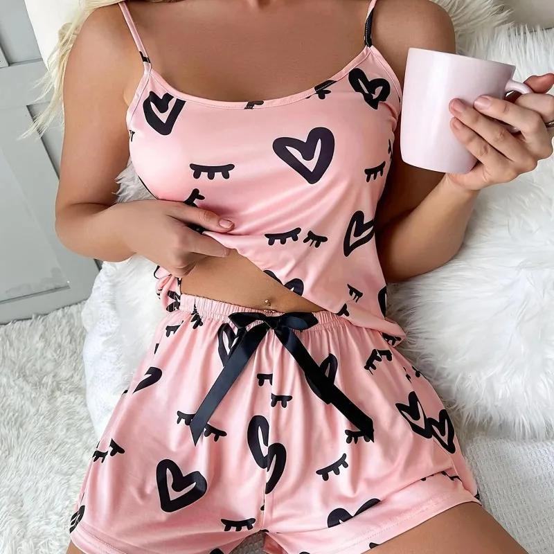 Pajama Set Women Sexy Lingerie 2 Pieces Sleepwear Fashion Heart Printed Pyjamas Silk Satin Cami Top and Shorts Sets Pajamas