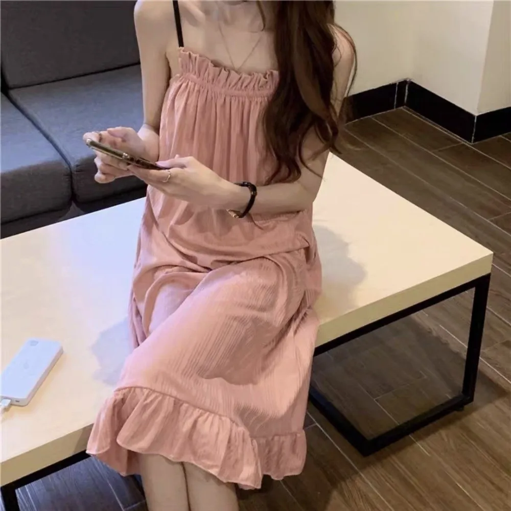 Camisón de mujer con volantes, sencillo, holgado, largo, estilo vestido de pijama, dulce ropa de dormir, camisón de tirantes para mujer, vestido de señora