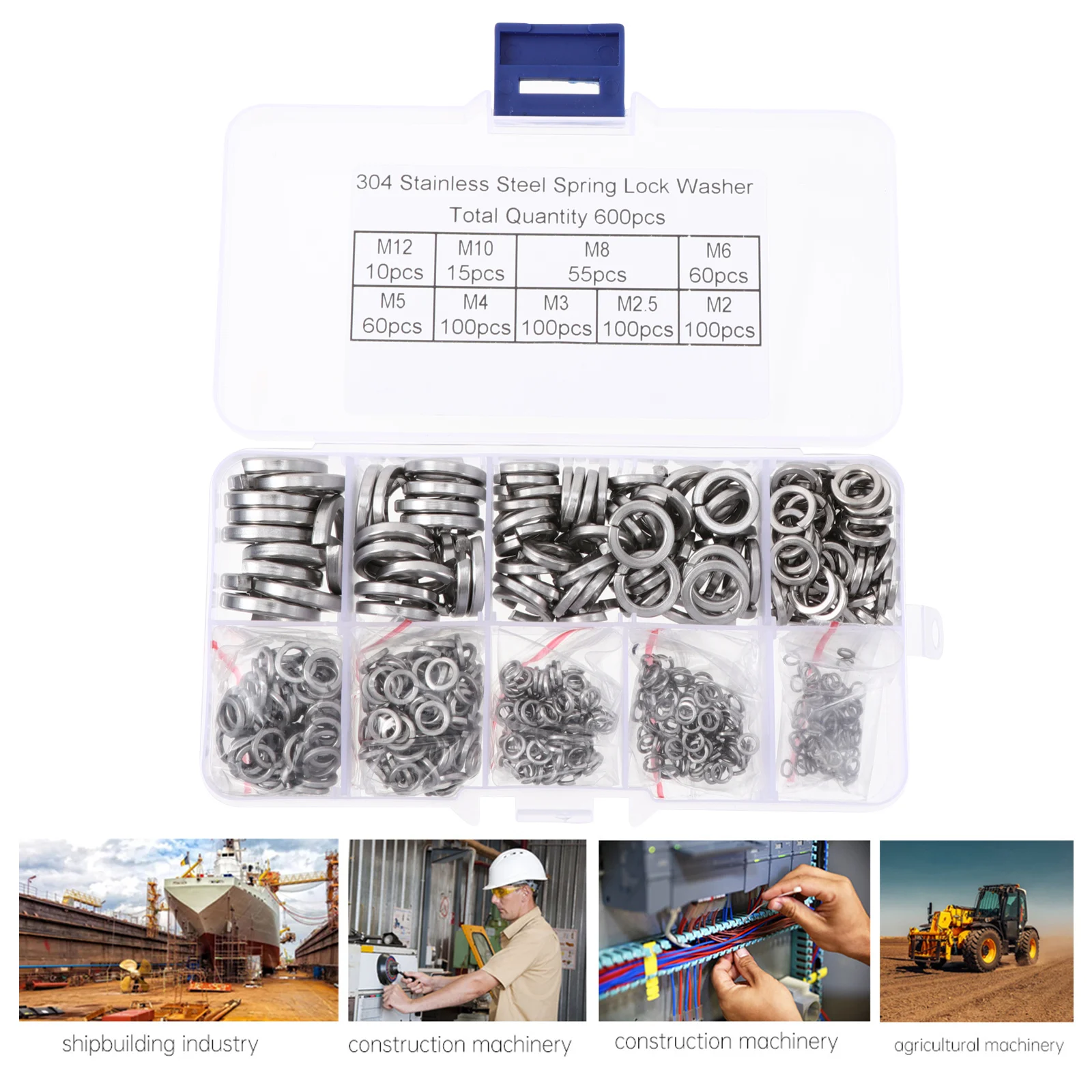 

600pcs Spring Washer Set M2 M2.5 M4 M5 M6 M8 M10 Stainless Steel Lock Washers Split Repair Hardware Assortment