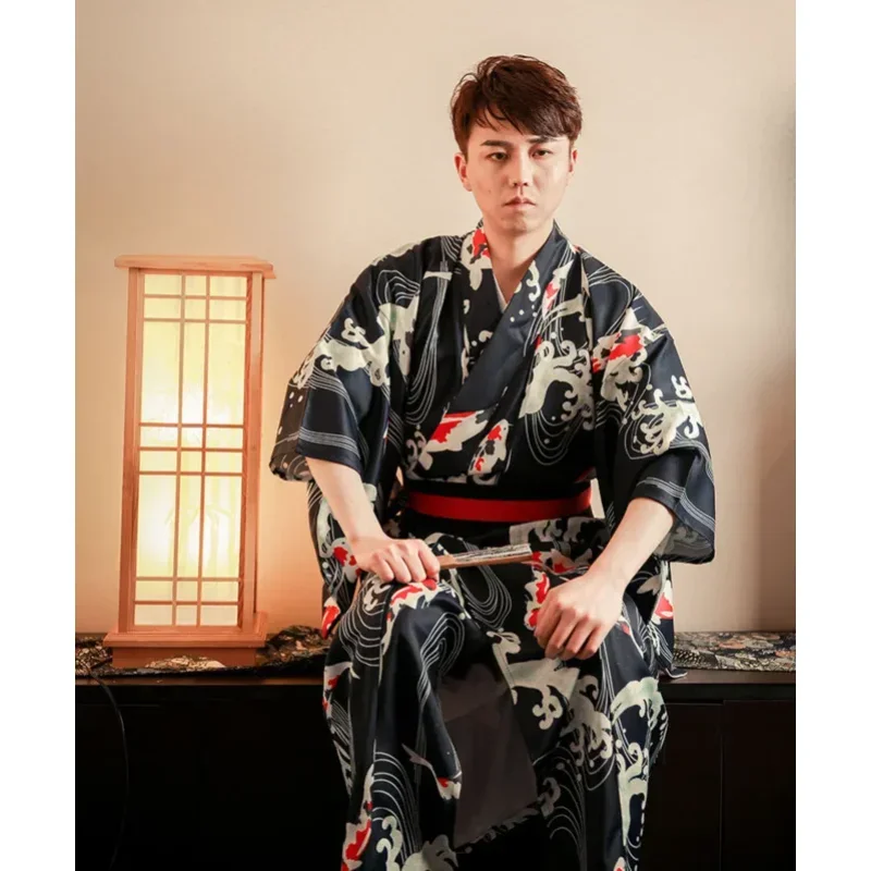 Summer Male Koi Fish Wave Kimono with obi Festival Traditional Bathrobe Dress Cosplay Samurai Kimono Costumes DH053