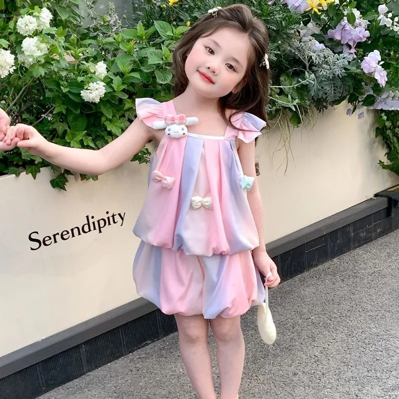 

New Summer 2025 Cinnamoroll Anime Kawaii Sanrio Ins Fashion Children Vest Skirt Set Cute Cartoon Beautiful Short Sleeve Clothes