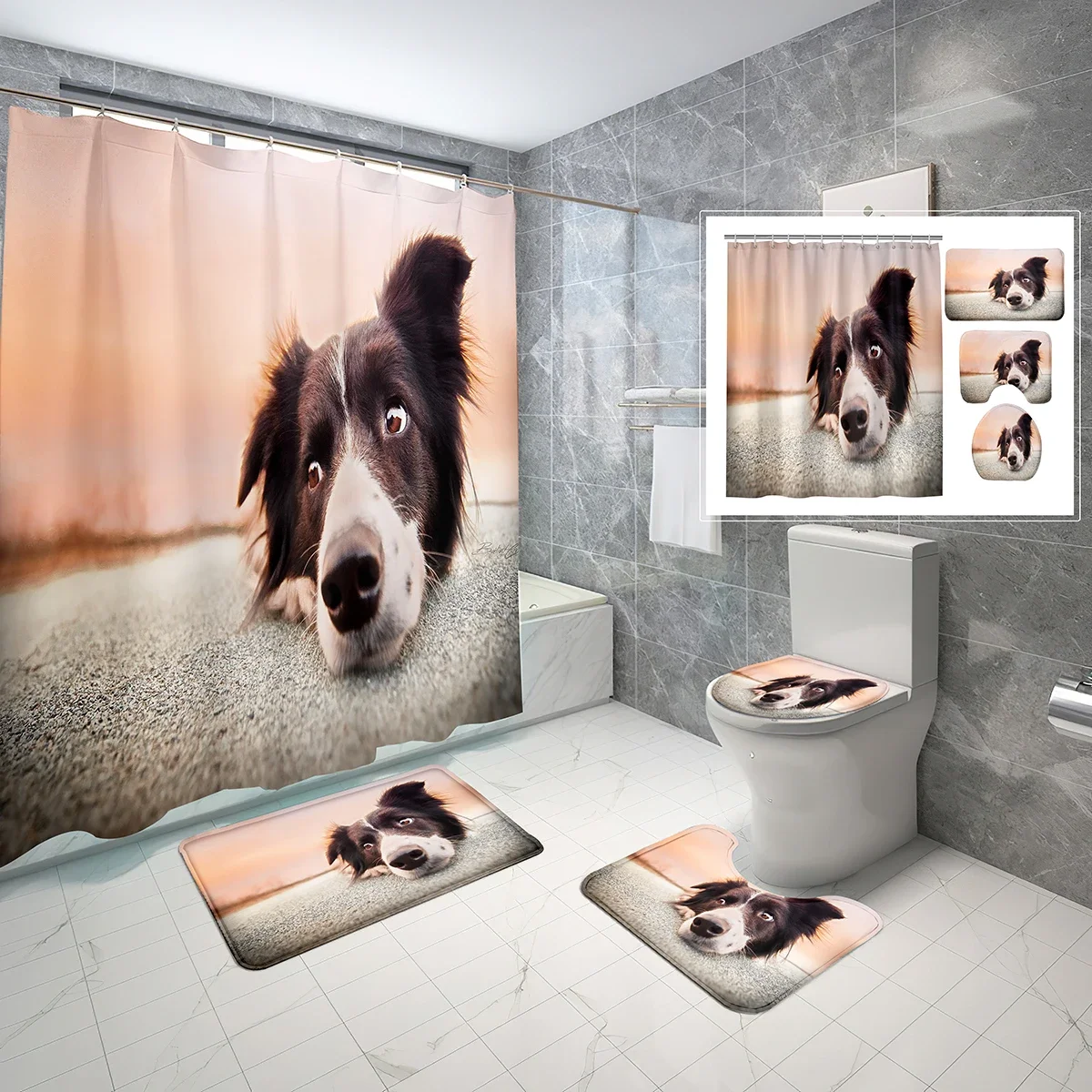 4 Pcs Animal Black Shower Curtain Set Portrait of Border Collie Shower Curtain Bathroom Non-Slip Bath Mat Toilet Cover