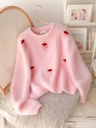 Zoki Fashion Strawberry Pink Sweaters Women Sweet Preppy Style Knitted Jumpers Top Korean Cute Long Sleeve Fall Elegant Pullover