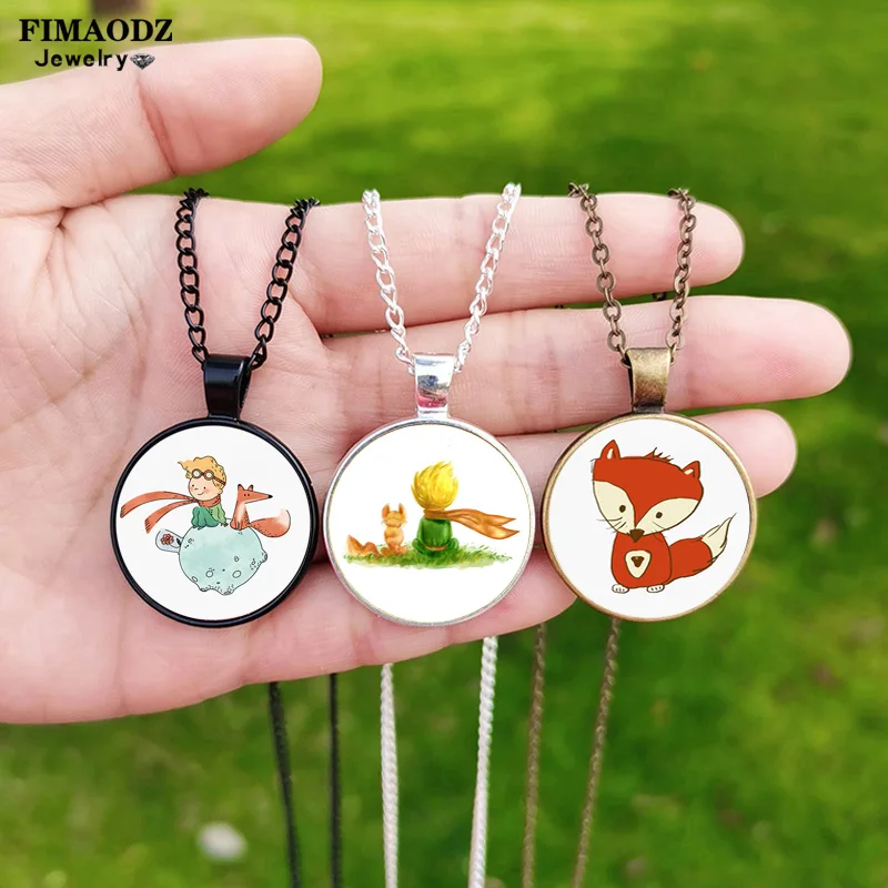 Little Prince And The Fox Necklaces Glass Cabochon Pendant Cute Anime Figure Necklace Choker for Friends Kids Gift Jewelry