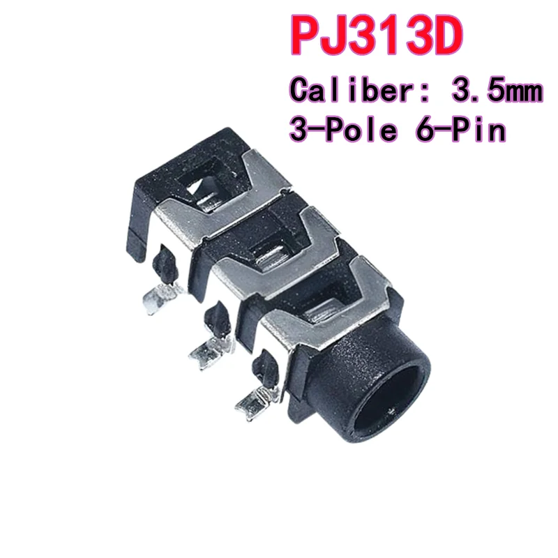 10PCS 3.5mm Headphone Jack PJ313D Caliber 3.5mm 3-Pole 6-Pin SMT Headphone Socket Black Connector