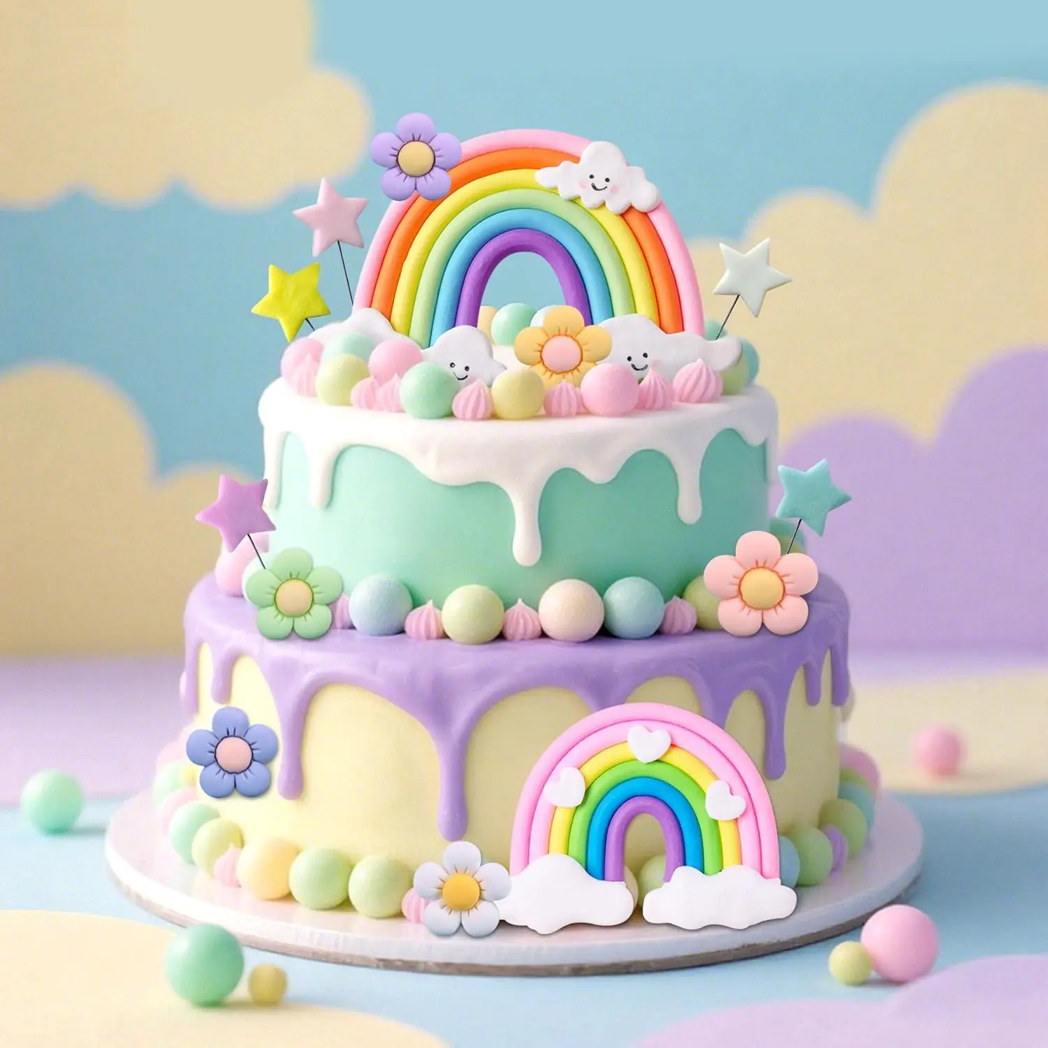 Regenbogen-Kuchenaufsatz, Regenbogen-Thema, Partyzubehör, Pastellkugeln, Kuchenaufsatz, Boho-Kuchenaufsätze – Detail 3