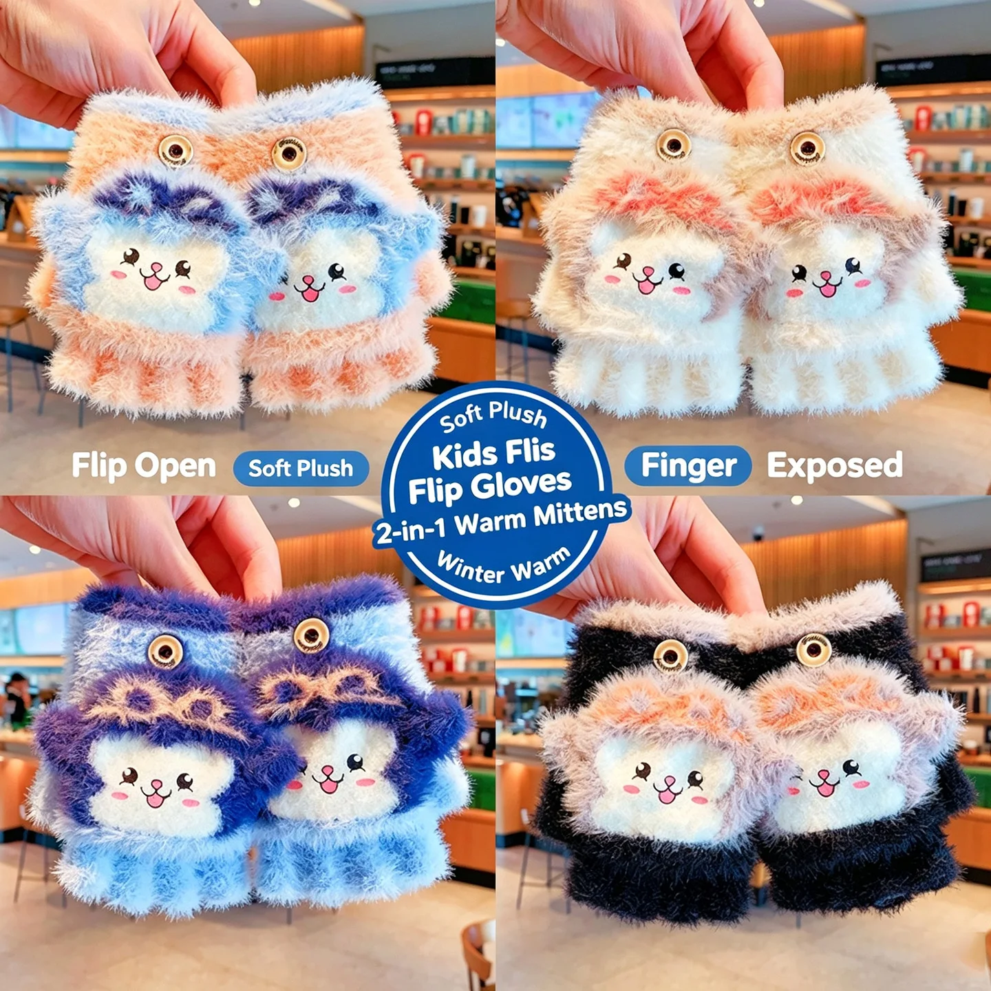 Niedliche Winter-Plüsch-2-in-1-Flip-Top-Fäustlinge mit Druckknopf, Tiermotiv, kältebeständig, Handwärmer-Handschuhe für Jungen, Mädchen, Kinder, Geschenk – Detail 1