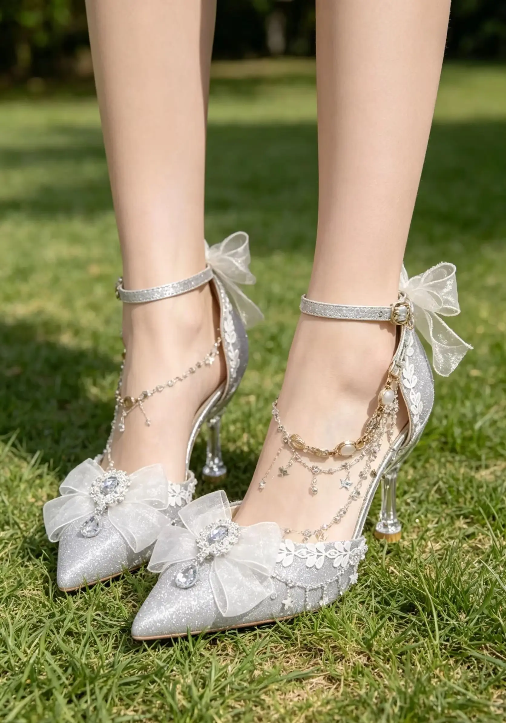 Silver Glitter Wedding Bridal High Heels Women Pointed Toe Bow Rhinestone Pearl Ankle Strap Stiletto Elegant Party Banquet Prom