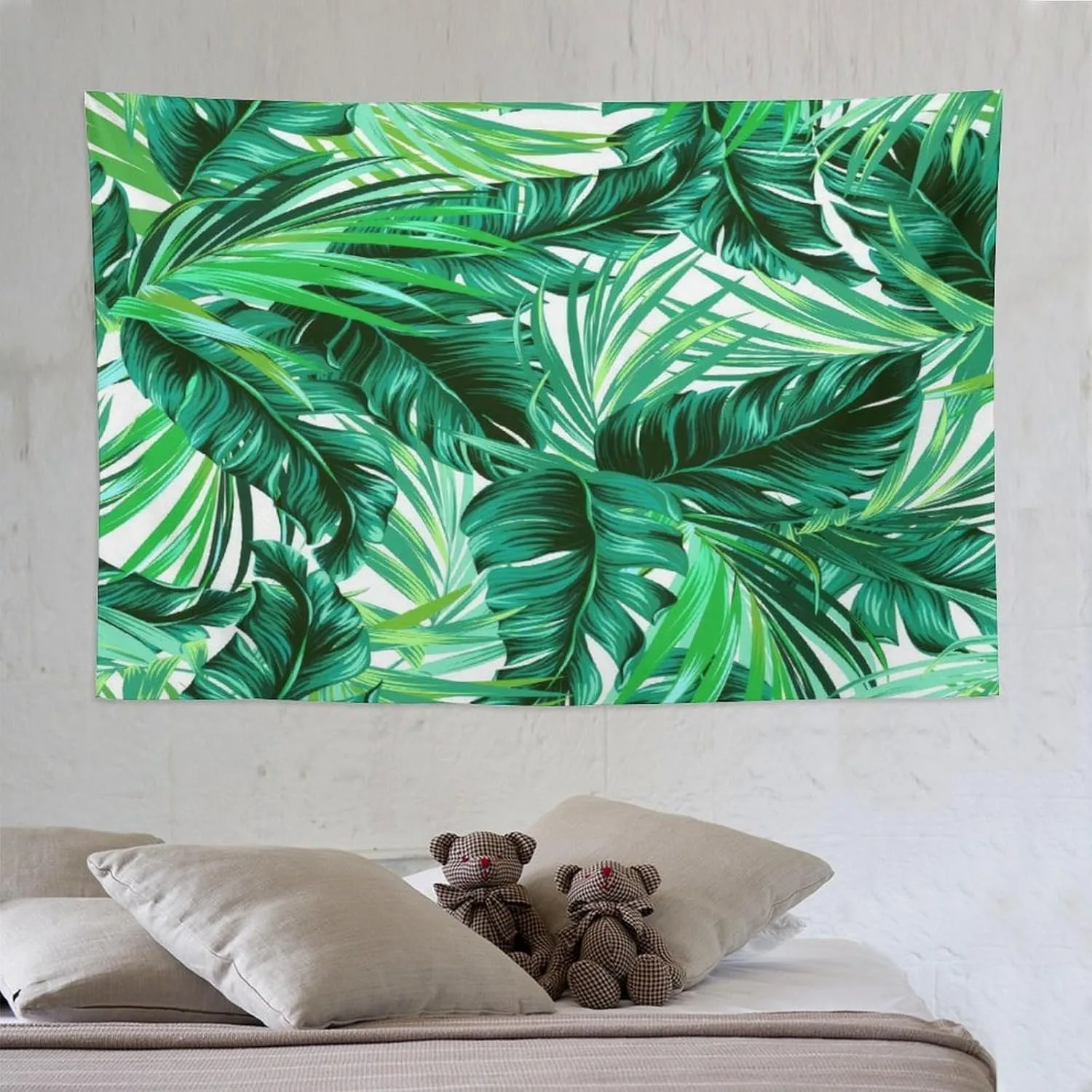 1pc Tropical green leaf print tapestry, polyester fabric, machine washable, suitable for bedroom and living room décor.