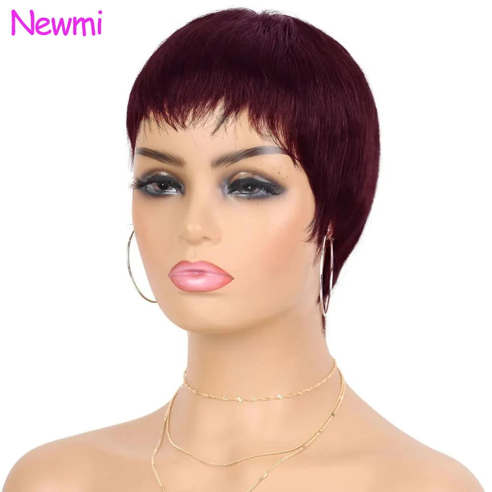 

Новый парик Newmi 99J бордового цвета, короткая стрижка пикси, из 100% натуральных бразильских волос, прямой, машинной работы, с челкой