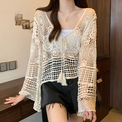 Women Gypsy Crochet Top Sheer Embroidery Open Knit Bell Sleeve Tie Front Open Knit Top Pullover Summer Vacation Boho Beach Wear