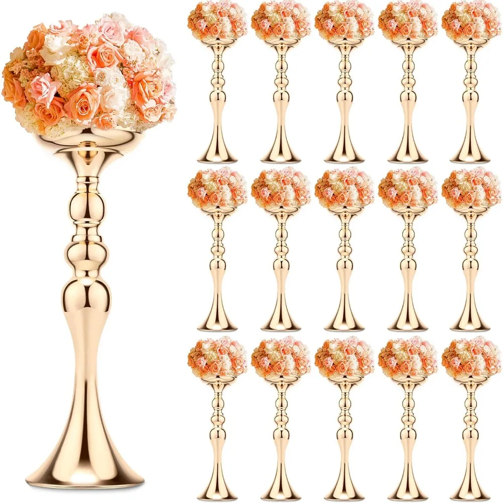 16 Pcs Metal Flower Arrangements Stand Wedding Centerpiece Tall Table Decor Vase for  Event Party  (Gold, 15 Inch)