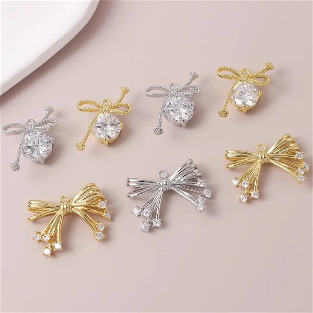 

18K Electroplated Real Gold Pendant with Zircon Diamond Bow, Diy Earrings, Necklace, Bracelet, Material Accessories