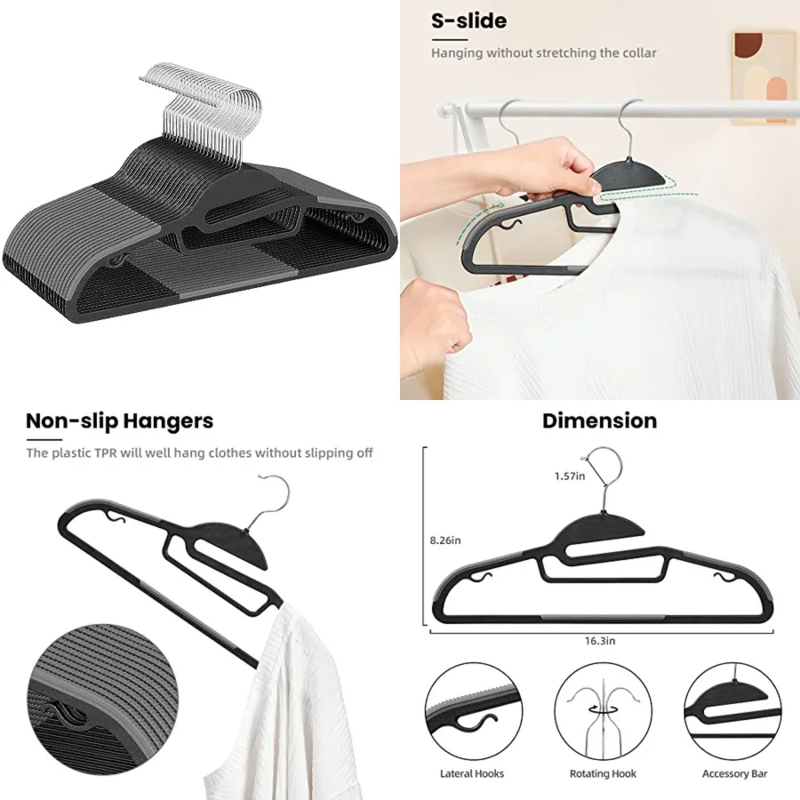 

Heavy Duty Plastic Hangers 50 Pack with Non-Slip Design, 0.2 Inch Thick, 360Swivel Hook Space Saving Organizer for Bedroom Clos