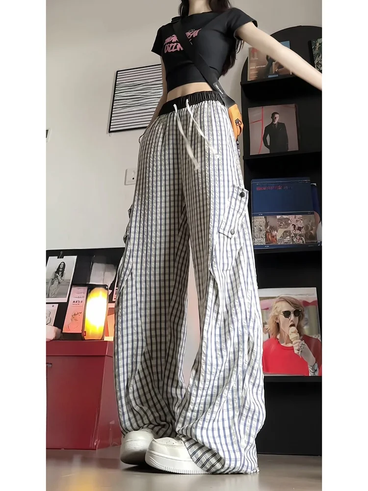 

Retro American Bubble Cloth Plaid Men's Summer Thin Qui Dry Workwear Pants Drapey Pleated Wide Leg Casual Trousers