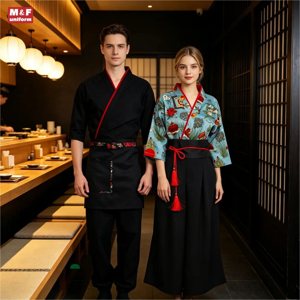 uniforme-de-travail-a-motif-vert-retro-uniformes-japonais-noirs-et-rouges-pour-hommes-et-femmes-uniforme-de-restaurant-a-manches-3-4-style-traditionnel
