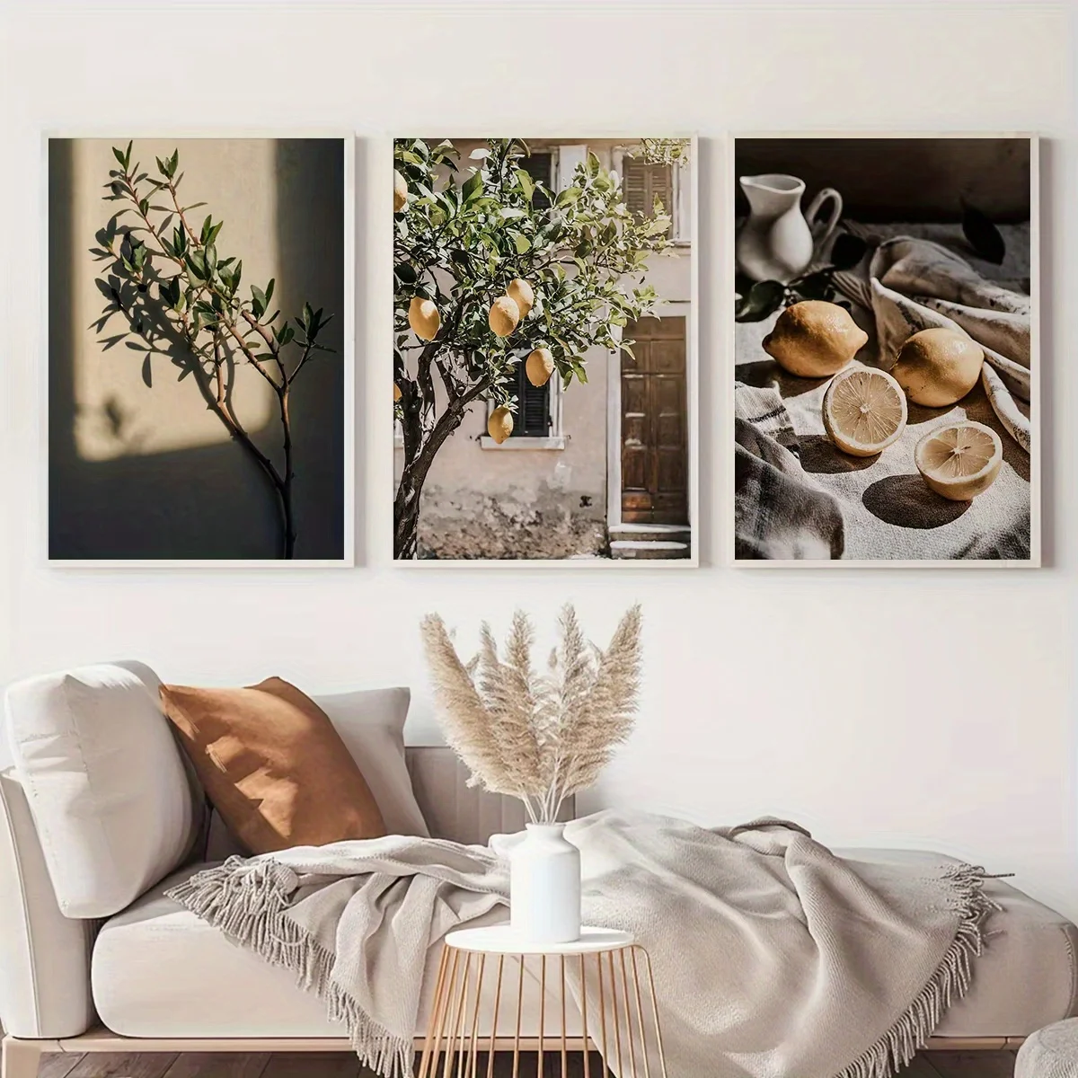 3pcs frameless Canvas Painting /set Retro Lemon Fruit Art Canvas Print Mediterranean Olive Tree Plant Wall Art Poster for Living