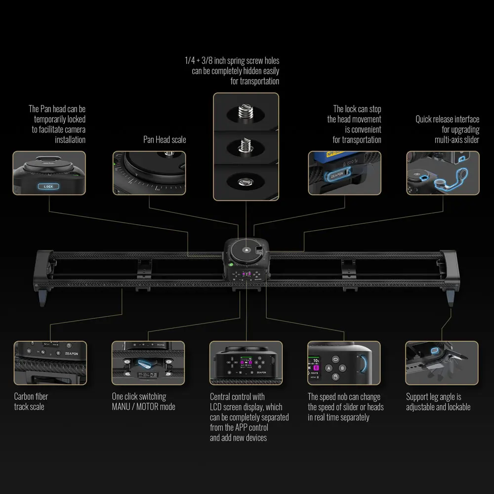 Zeapon AXIS Multi-axis Motorized Camera Slider AXIS 80Pro 100Pro 120Pro Carbon Fiber Electric Track LCD Screen 360° Photography