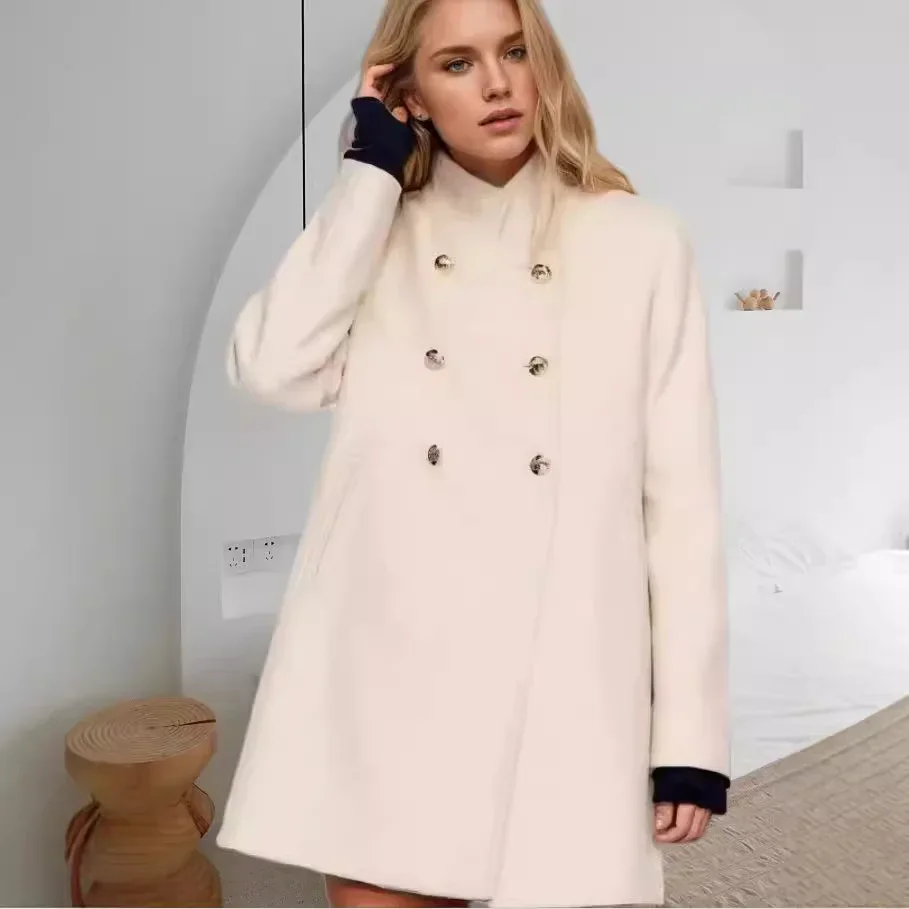 

Pure Color Women's Outerwear Winter Woolen Coat Medium Length Small Stand Collar Slimming Effect Polyester Fiber Full Sleeve