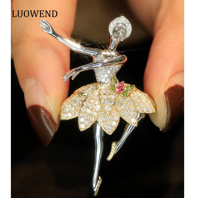 

LUOWEND 100% 18K White+Yellow Gold Pendant Elegant Ballet Dancer Shape Real Natural Diamond Pendant or Brooch for Women