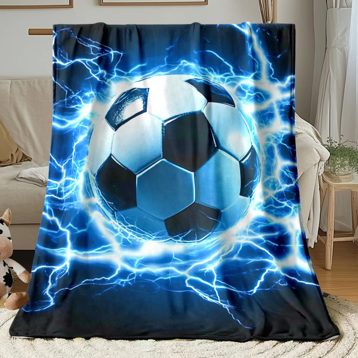 1pc Soccer Ball Electric Blue Lightning Design Blanket - Lightweight Flannel All-Season Soft Warm Throw for Sofa Bed Camping Tra
