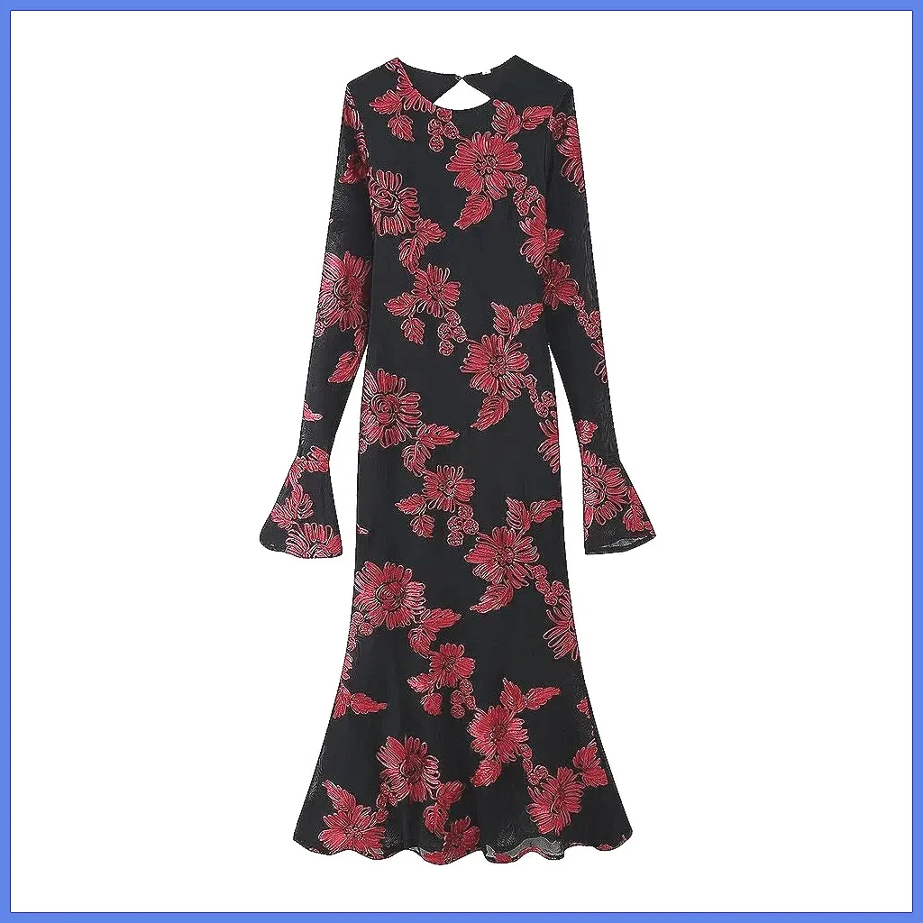 

Elegant Backless Jacquard Evening Dress Long Sleeve Women's Party Gown