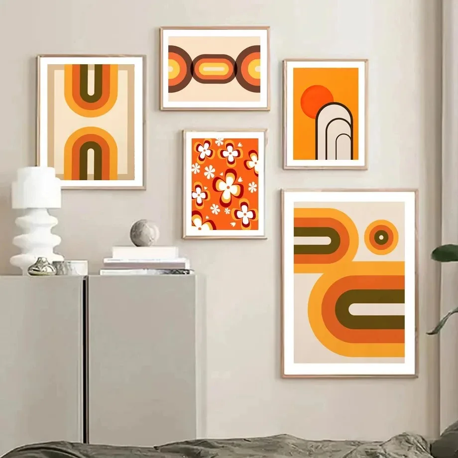 Retro 1970s Inspiration Art Abstract Orange Line Flower Sun Geometric Shape Poster Decoration Painting Home Decoration Wall Art