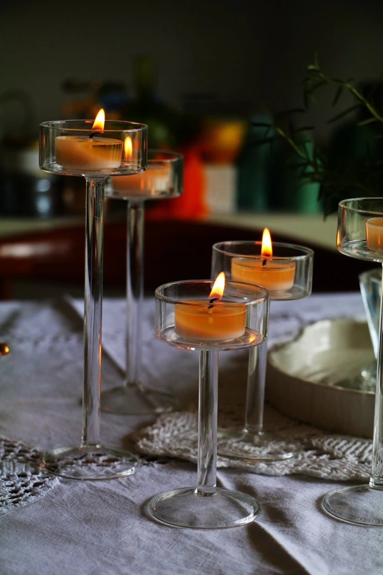 Sklo svíčka držáky sada tealight svíčka držák domácí dekorace svatební stůl centerpieces broušené sklo držák hlavní jídlo stůl umístění