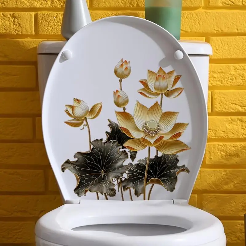 Floral Toilet Sticker Waterproof Easy to Clean Self-Adhesive Toilet Lid Wall Decal for Bathroom Restroom Decor