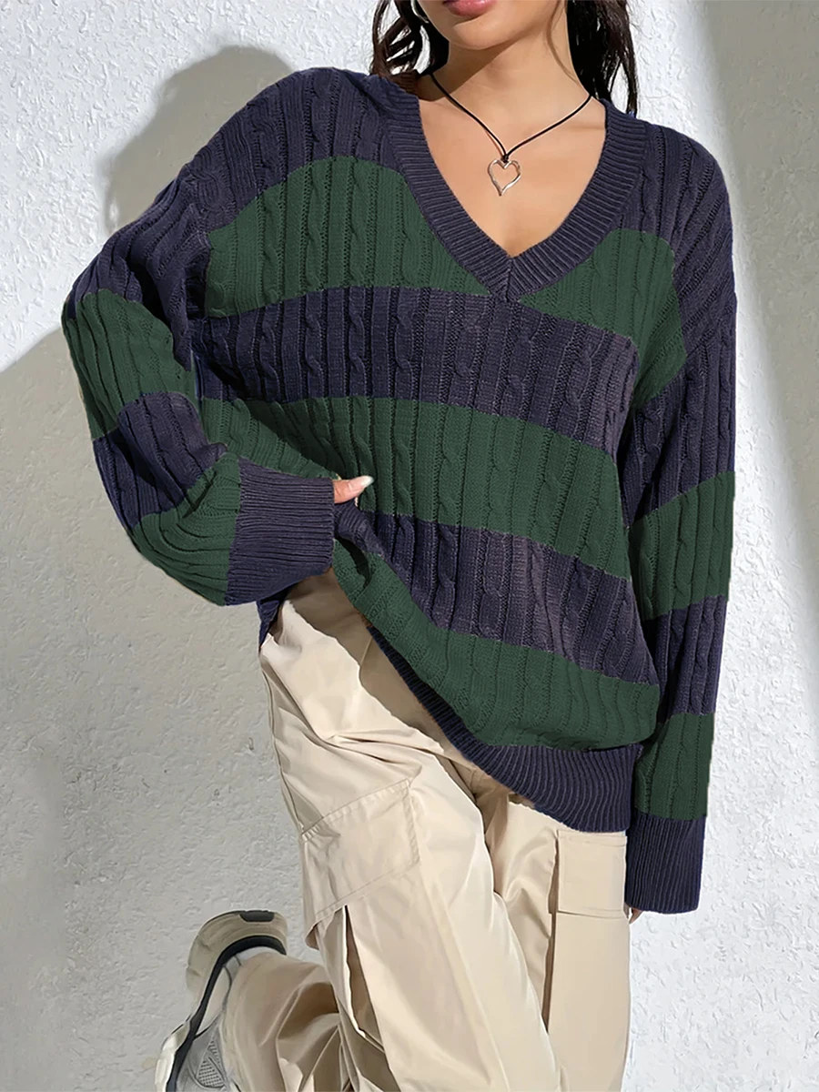 Fashion Color Block V Neck Cable Knit Sweater Casual Long Sleeve Drop Shoulder Sweater Y2k Vintage Women's Clothing