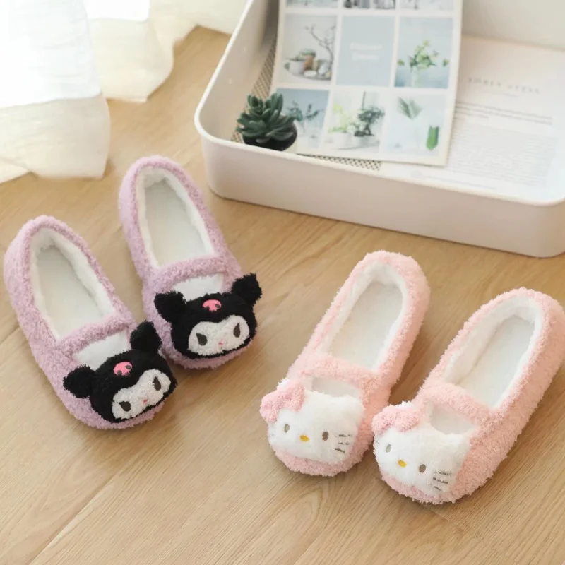 Sanrio autumn and winter Hello Kitty cute warm home women's shoes Kulomi cartoon doll non-slip bag heel plush cotton slippers