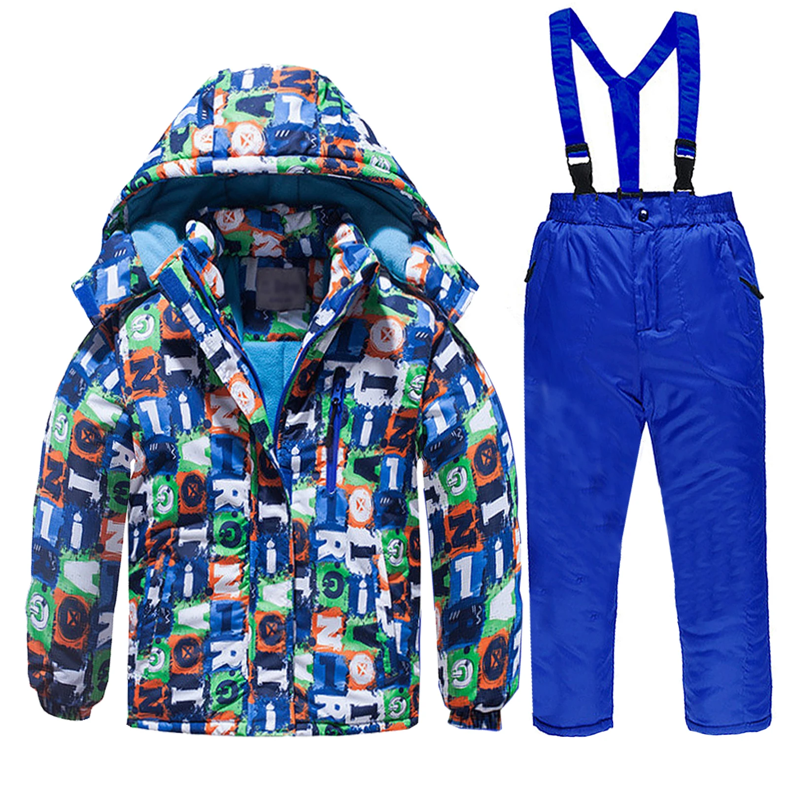 

Boys Two-Piece Waterproof Windproof Hooded Warm Jacket + Braces Pants Children's Snowsuit Girls' Skiing Jacket Set