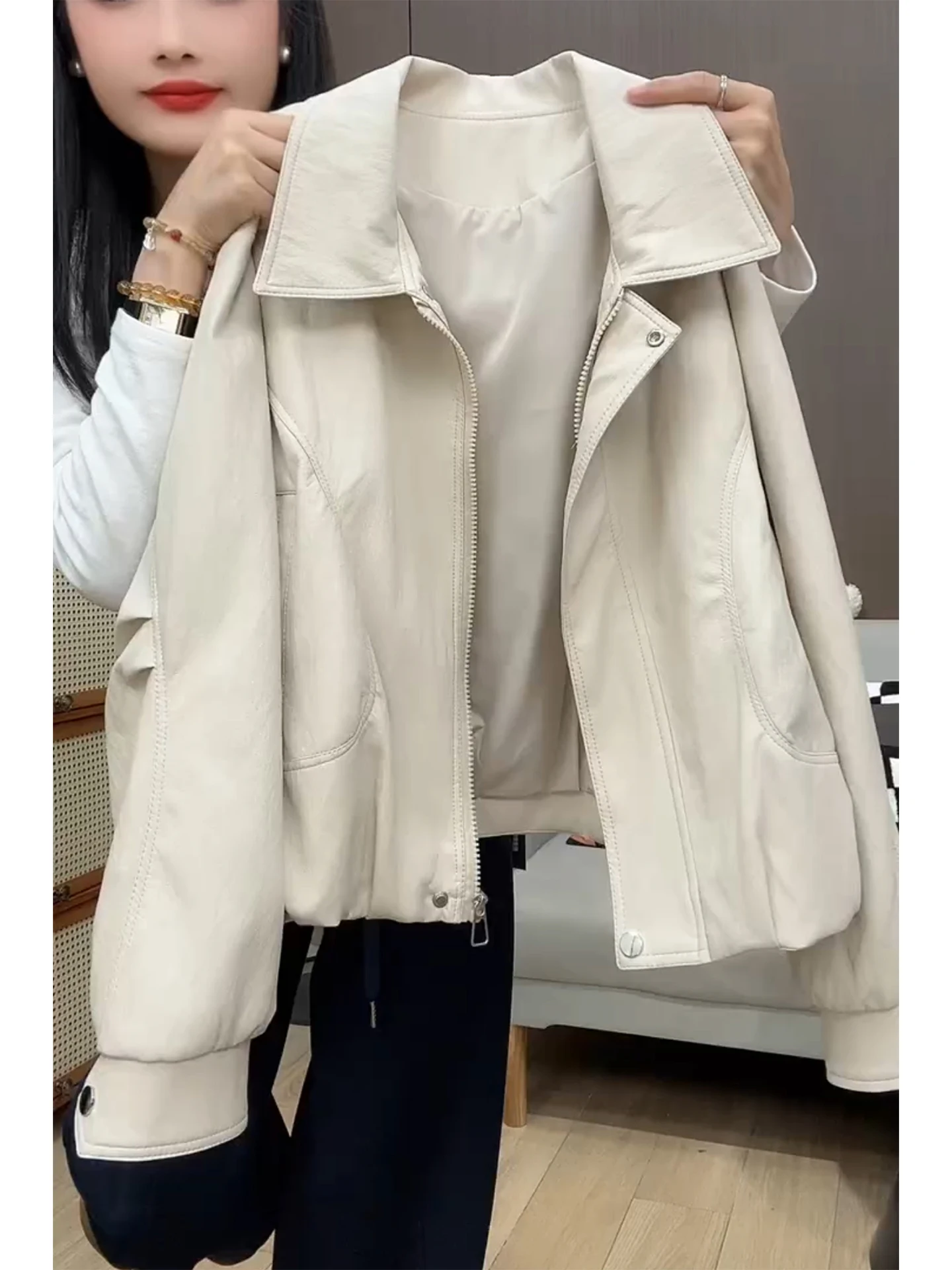 

Корейская короткая куртка из искусственной кожи для женщин, повседневная, с отложным воротником, свободного кроя, приталенная, весенняя, с завышенной талией, для работы и повседневной носки