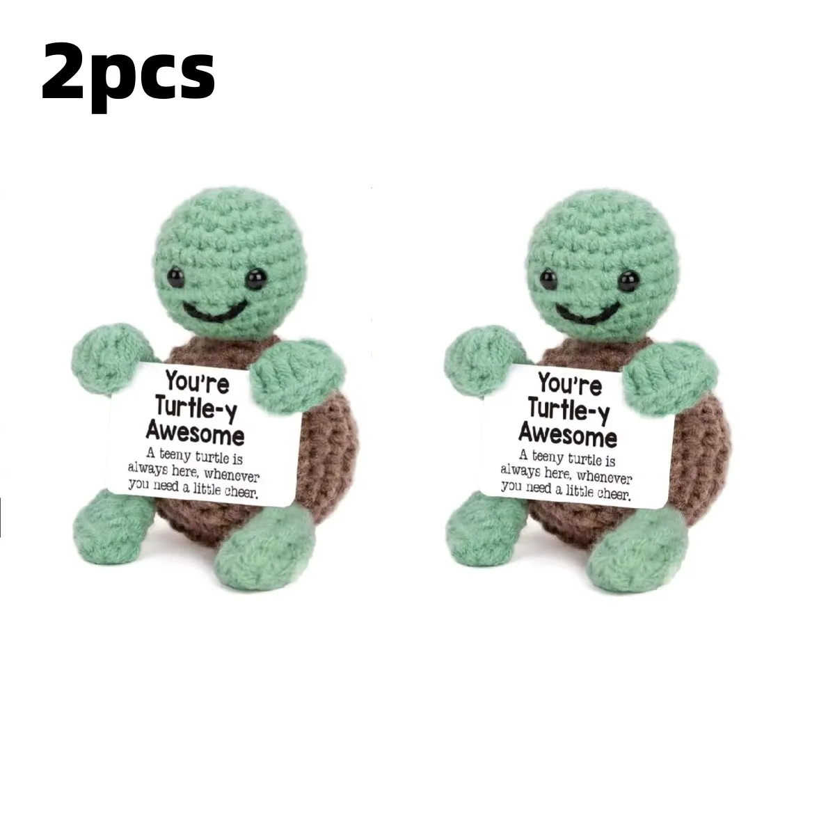 Muñeco de tortuga de punto hecho a mano, bonito y positivo, decoración para la habitación del hogar, tortuga de ganchillo divertida con adorno de tarjeta, regalo de Navidad