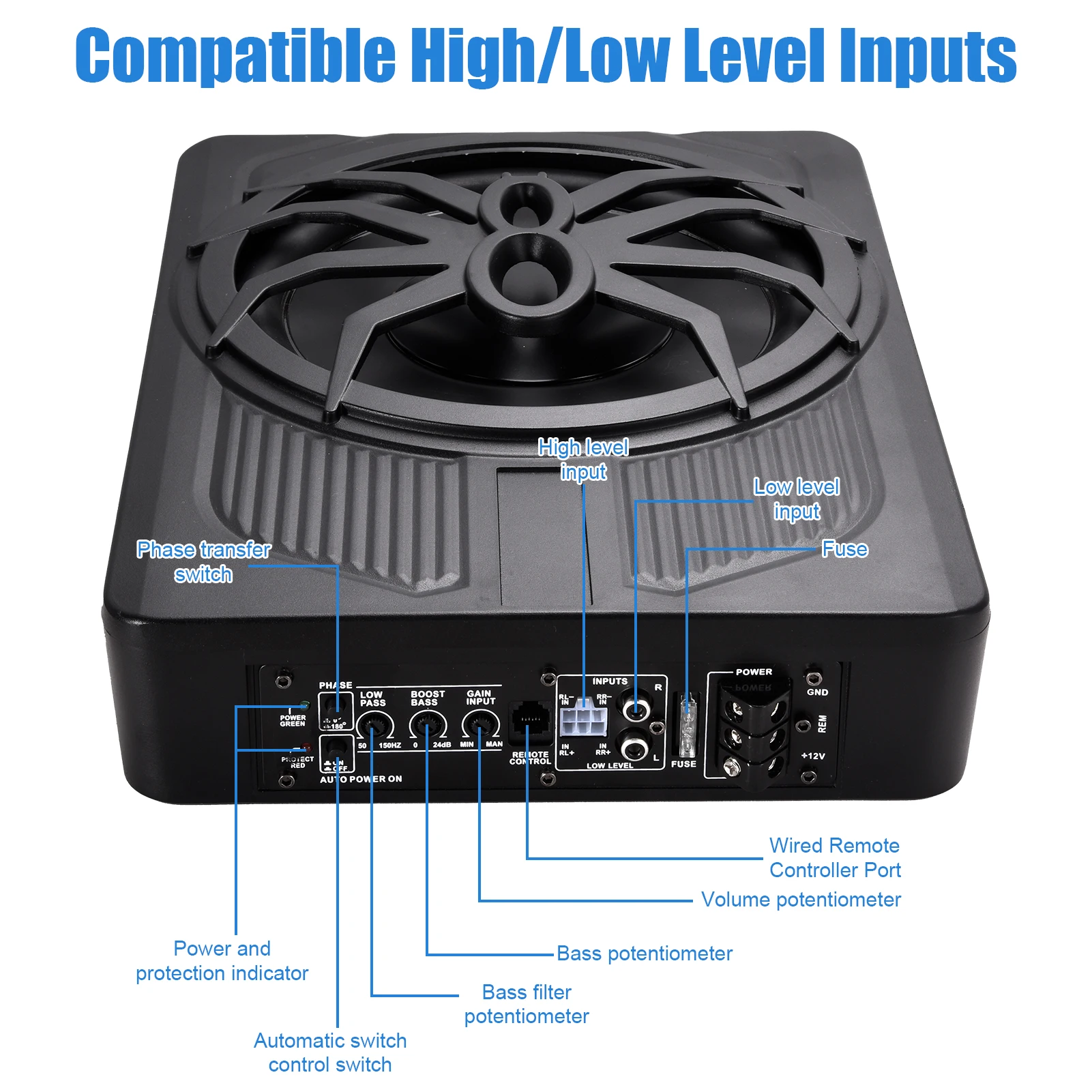 مضخم صوت للسيارة مقاس 10 بوصات مزود بإضاءة محيطة زرقاء - مضخم صوت نشط مدمج للشاحنات/المركبات المحدبة بالسيدين