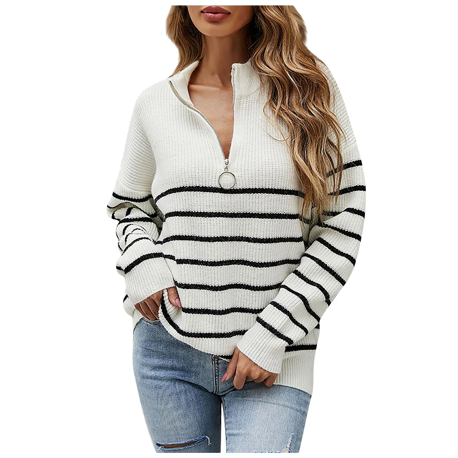 2024 new winter Women\'s Fashion knitted sweatershirts Half Turtleneck Chest Zipper Striped long sleeves Pullover Sweater