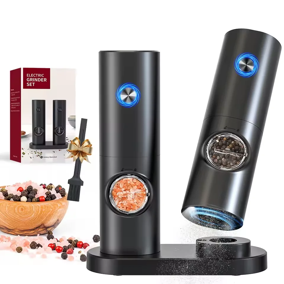 Electric Pepper And Salt Grinder Set with Base Battery Powered LED Light Adjustable Coarseness Automatic Kitchen Milling Tool