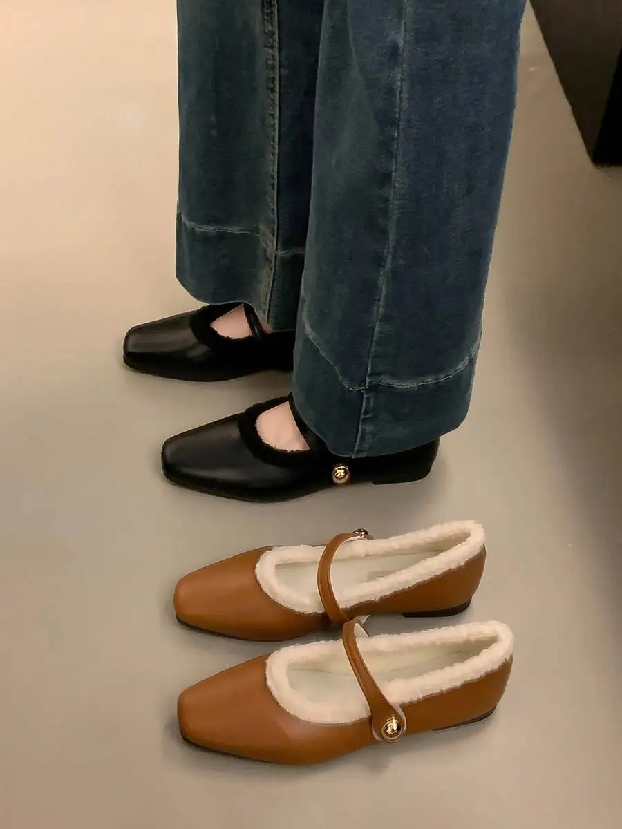 

Women Cotton Shoes 2025 Autumn Winter Flat Fuzzy Shoes Women's French Evening Mary Jane Square Toe Lined Warm Cotton Shoes