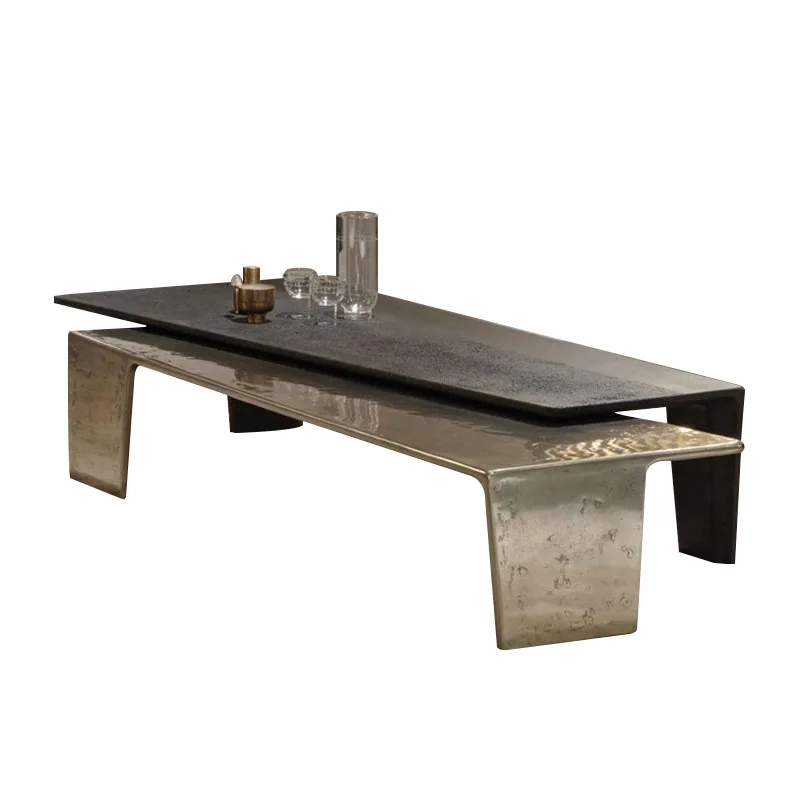 Light luxury high and low combination solid wood coffee table modern design stainless steel hammered living room home