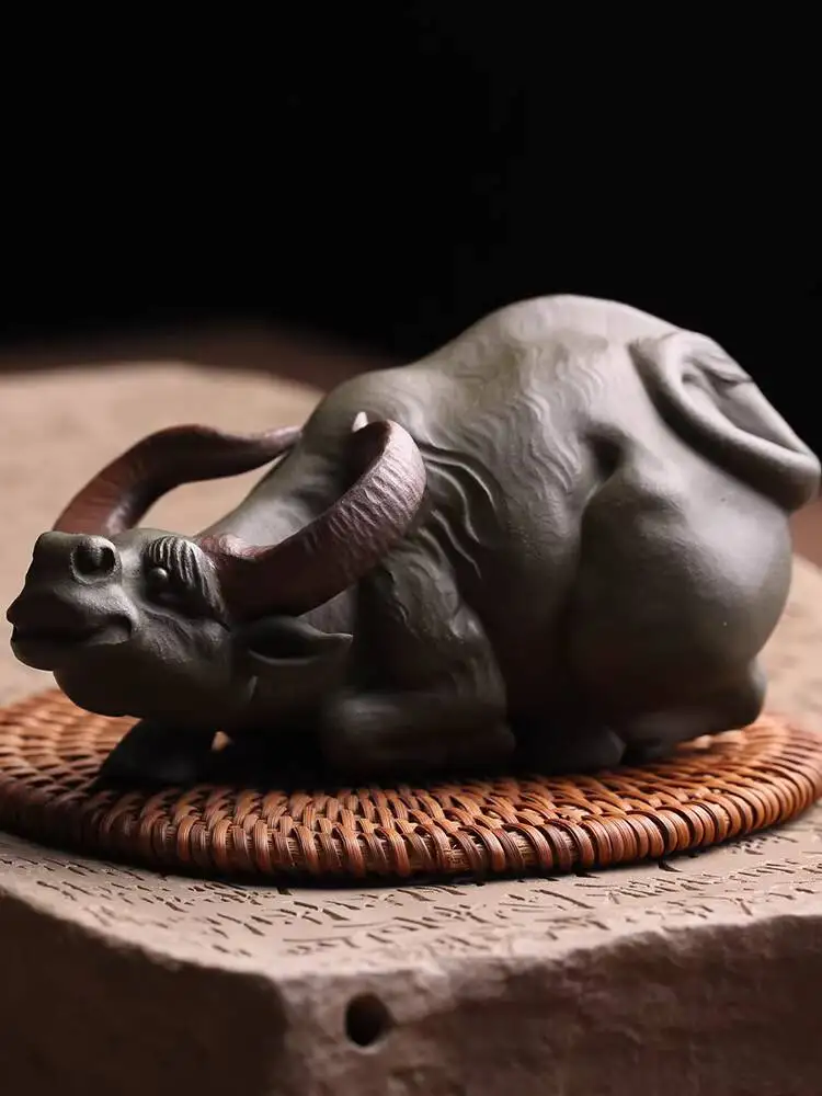 Yixing Purple Clay Pet Ornament, Green Ox By Famous Artist Gao Shui Bo, Fully Handmade, High-Quality, Can Be Used As A Water