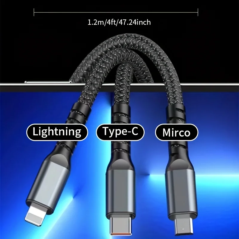 كابل شحن سريع 3 في 1 سلك شاحن متوهج 100 وات لهاتف iPhone Samsung Xiaomi Huawei Android iOS Type-c