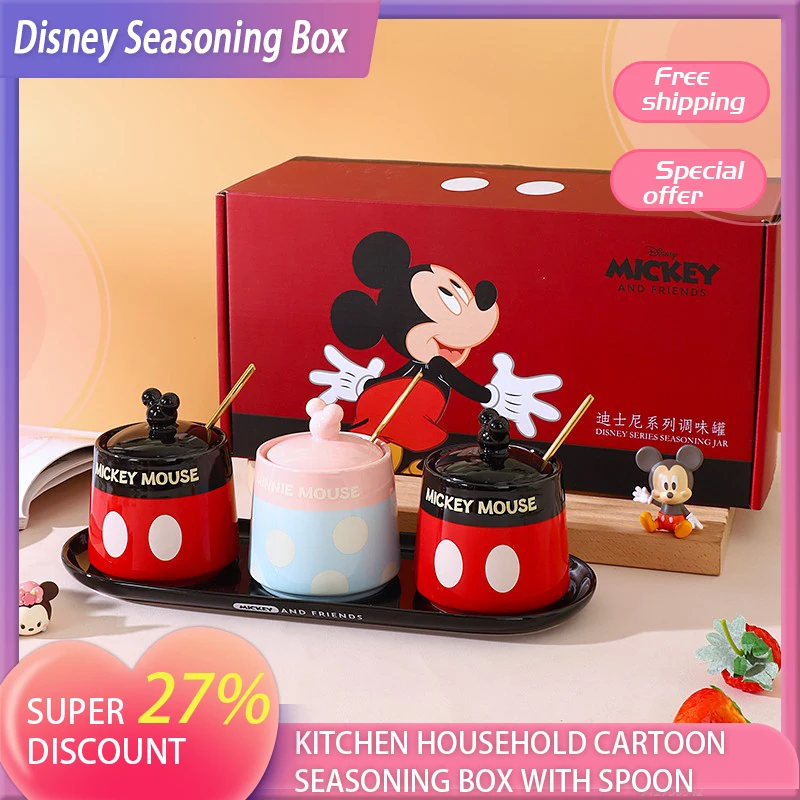 

Коробка для приправ с Микки Диснеем, керамический набор приправ, соляной горшок с ложкой, горшок для приправ, кухонная бытовая коробка для приправ с героями мультфильмов