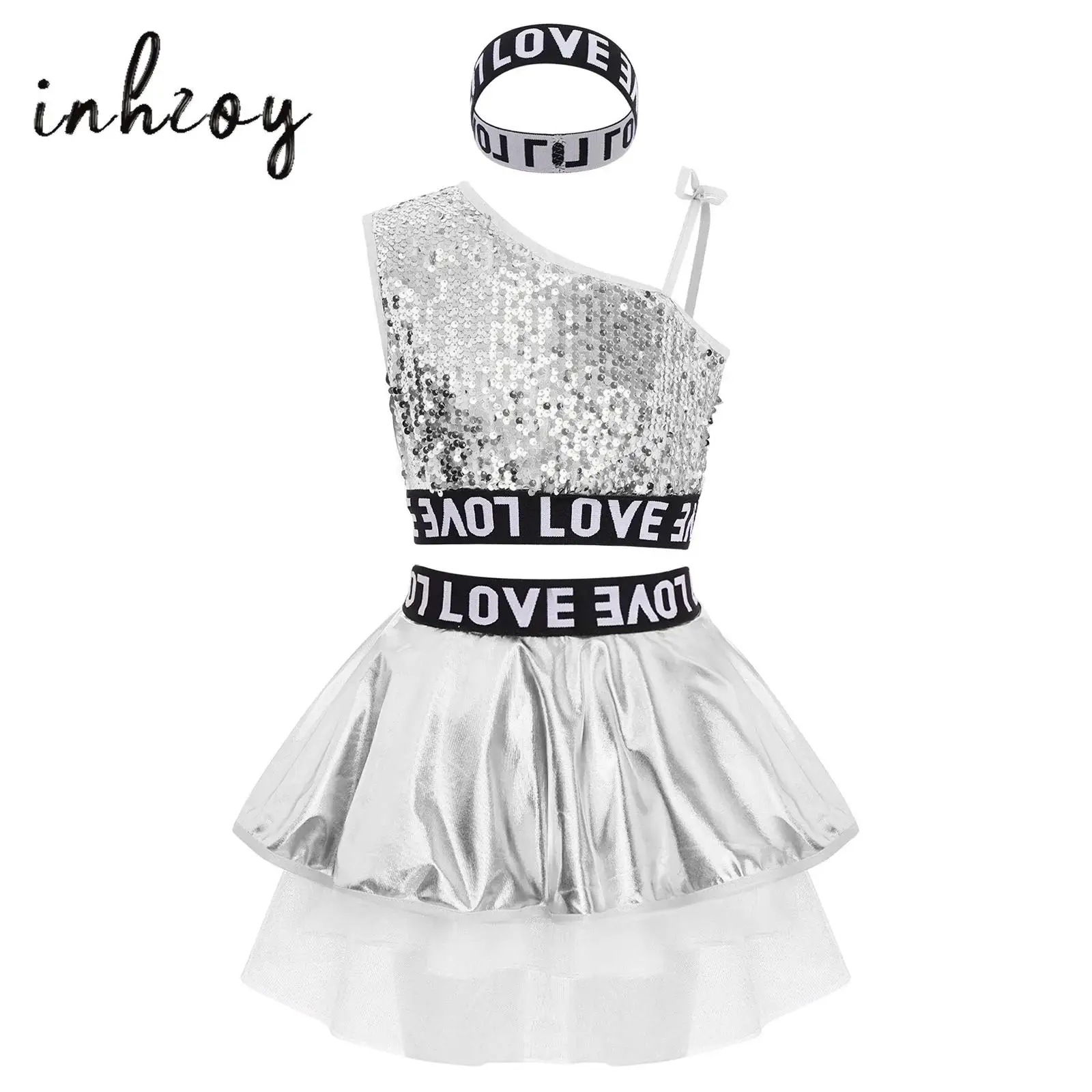 

Kids Girls Hip-Hop Jazz Dance Outfit 3-Piece Sleeveless Sequins Vest Top+Metallic Tutu Skirt+Letter Printed Hairband Streetwear