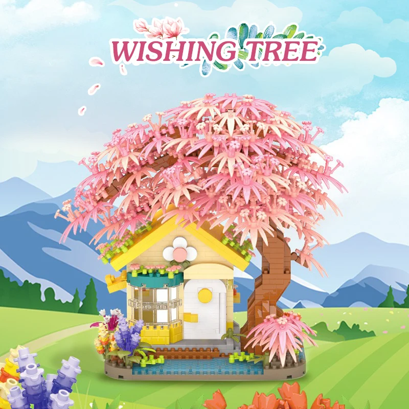 Micro Particle Bricks Pink Wishing Sakura Tree Building Blocks House with Light Figure Assemble Toys Birthday Gift for Girls