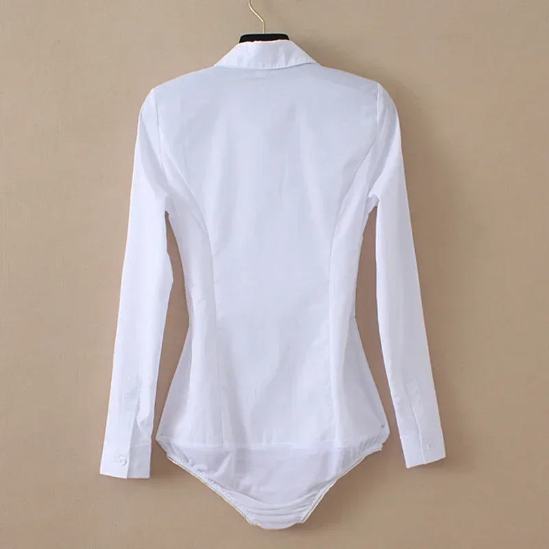 

Pure White Cotton Bodysuit Women Tops and Blouses Long Sleeve Turn-down Collar Pleated Button Up Office Shirts with Panties XXXL