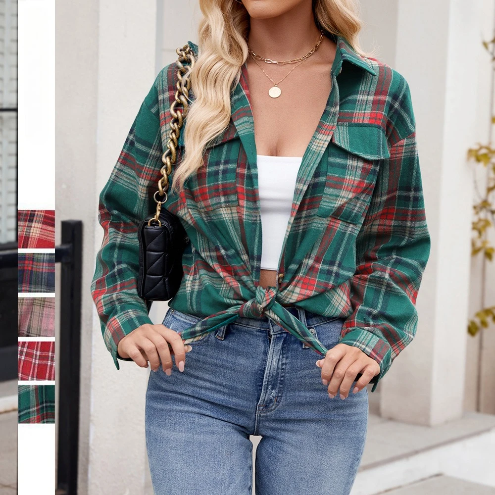 

2026 Spring Women Blouses Shirt Turn Down Collar Plaid Full Sleeve Tops Y2k Streetwear Elegant Shirts Casual Loose Work Autumn