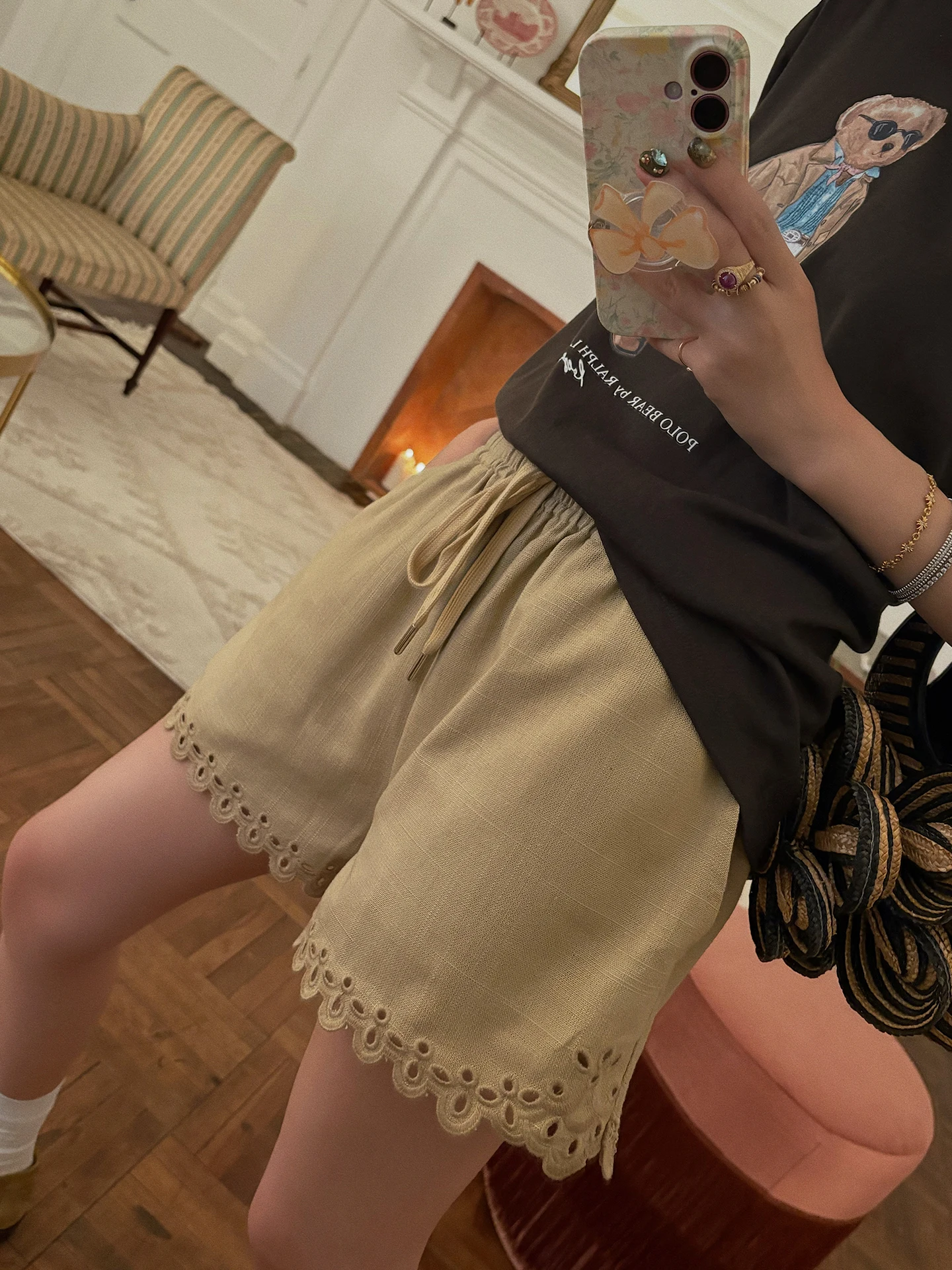 

Vimas Embroidered Hollow out Trim Elastic Waist Shorts Versatile Straight Leg Pants Natural Waist Commute Style Ladies Pants