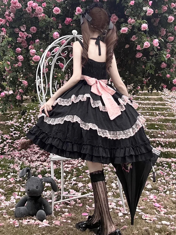 KIMOKOKM Sweet Lolita Dress Ruffled Lace Kawaii Square Collar Bandage Bow Sleeveless A-Line Princess Japanese JSK Dresses